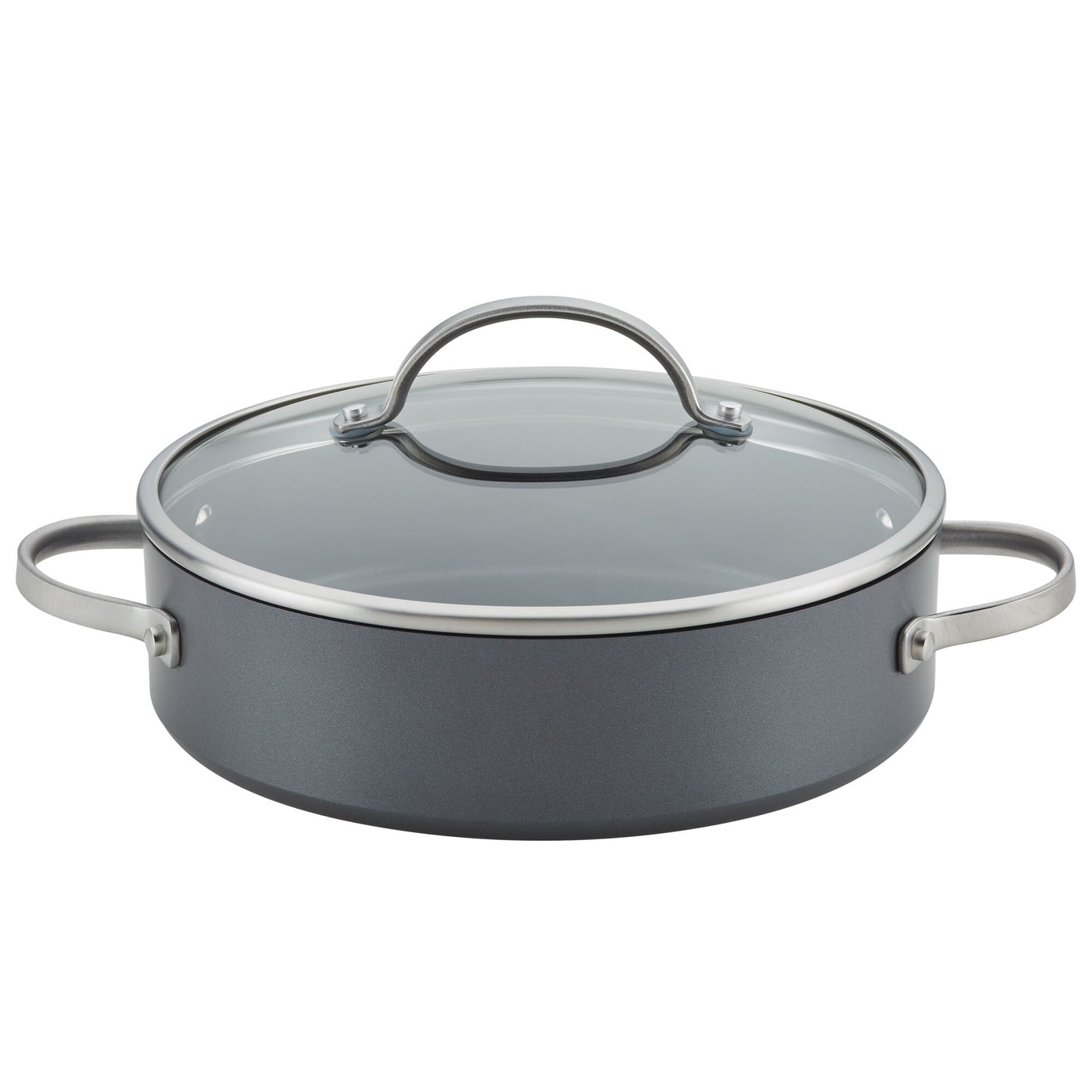 The Advanced Home 3-Piece Nonstick Cookware Set includes a gray hard anodized pot with a glass lid and metal handles. Resembling a sauté pan, this pot features a wide, flat base and riveted handles for sturdy grips. The lid is equipped with a metal loop handle at the top, ensuring ease of use and optimal heat distribution.