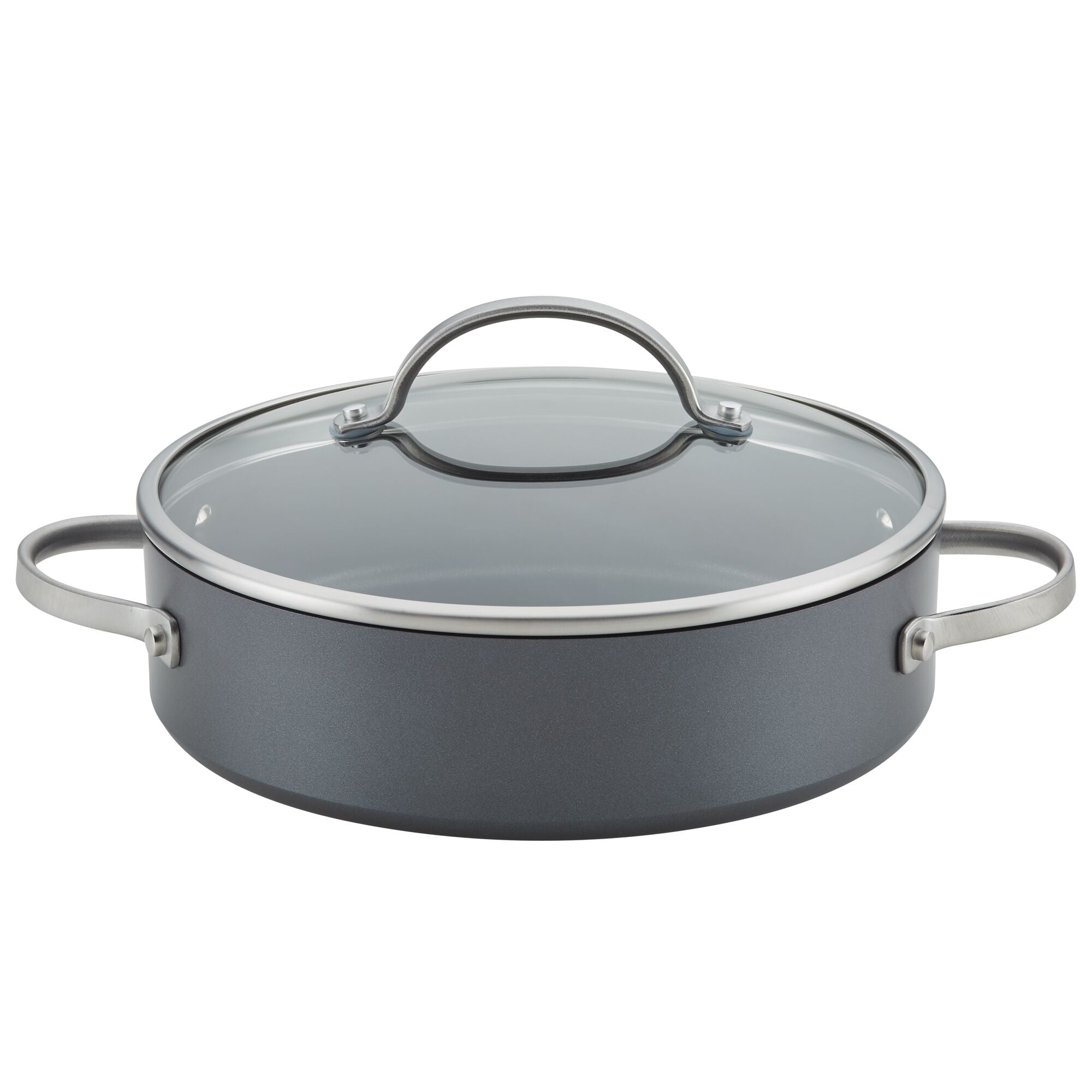 The Advanced Home 3-Piece Nonstick Cookware Set includes a gray hard anodized pot with a glass lid and metal handles. Resembling a sauté pan, this pot features a wide, flat base and riveted handles for sturdy grips. The lid is equipped with a metal loop handle at the top, ensuring ease of use and optimal heat distribution.