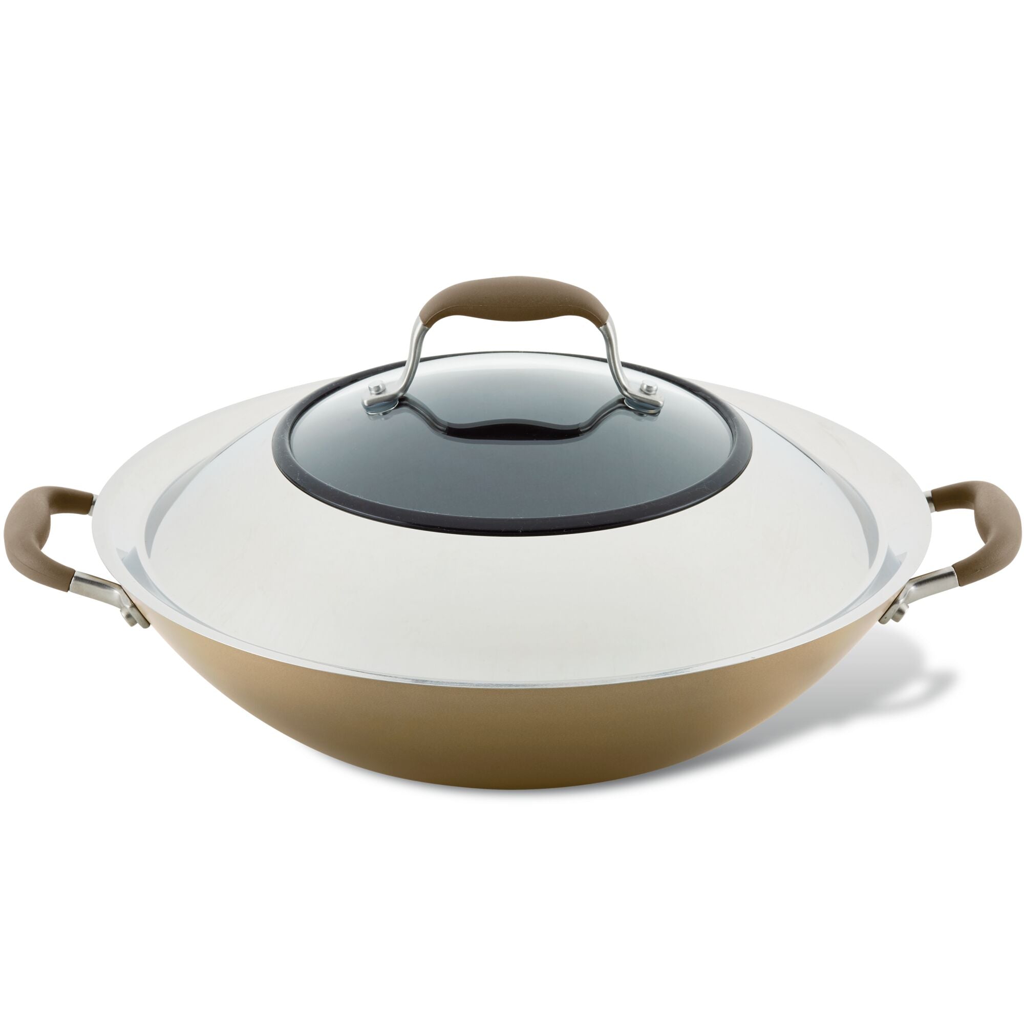 A large, brown 14-Inch Wok with Side Handles from Advanced Home is shown with a glass lid and two brown handles. The lid features a central metal handle. The nonstick wok rests on a white background, highlighting its sleek design and spacious interior, perfect for culinary adventures.