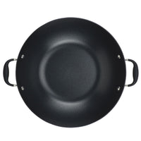 A top view of the round, black 14-Inch Wok with Side Handles from Advanced Home shows a smooth, unblemished non-stick surface and metal-riveted handles on either side.