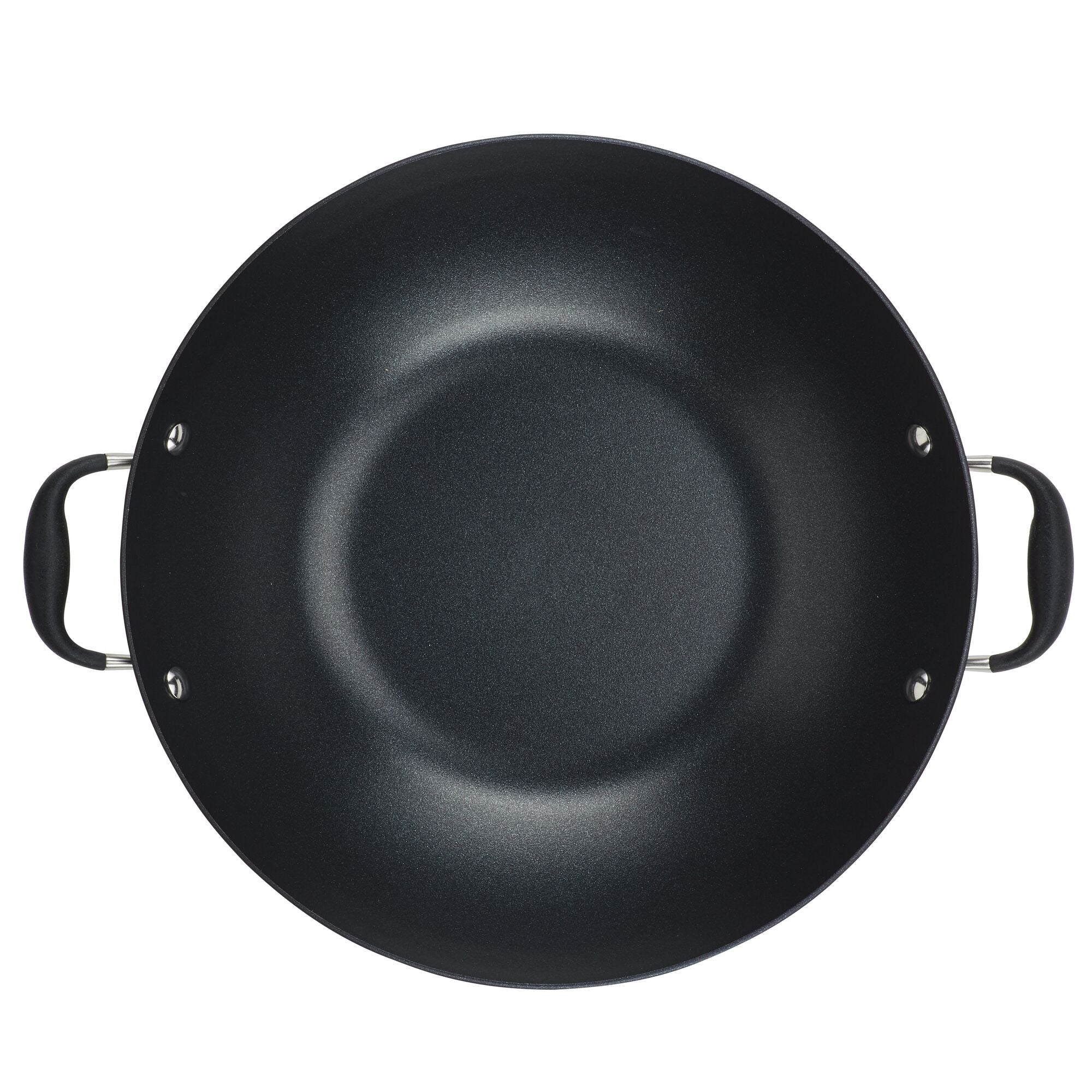 A top view of the round, black 14-Inch Wok with Side Handles from Advanced Home shows a smooth, unblemished non-stick surface and metal-riveted handles on either side.