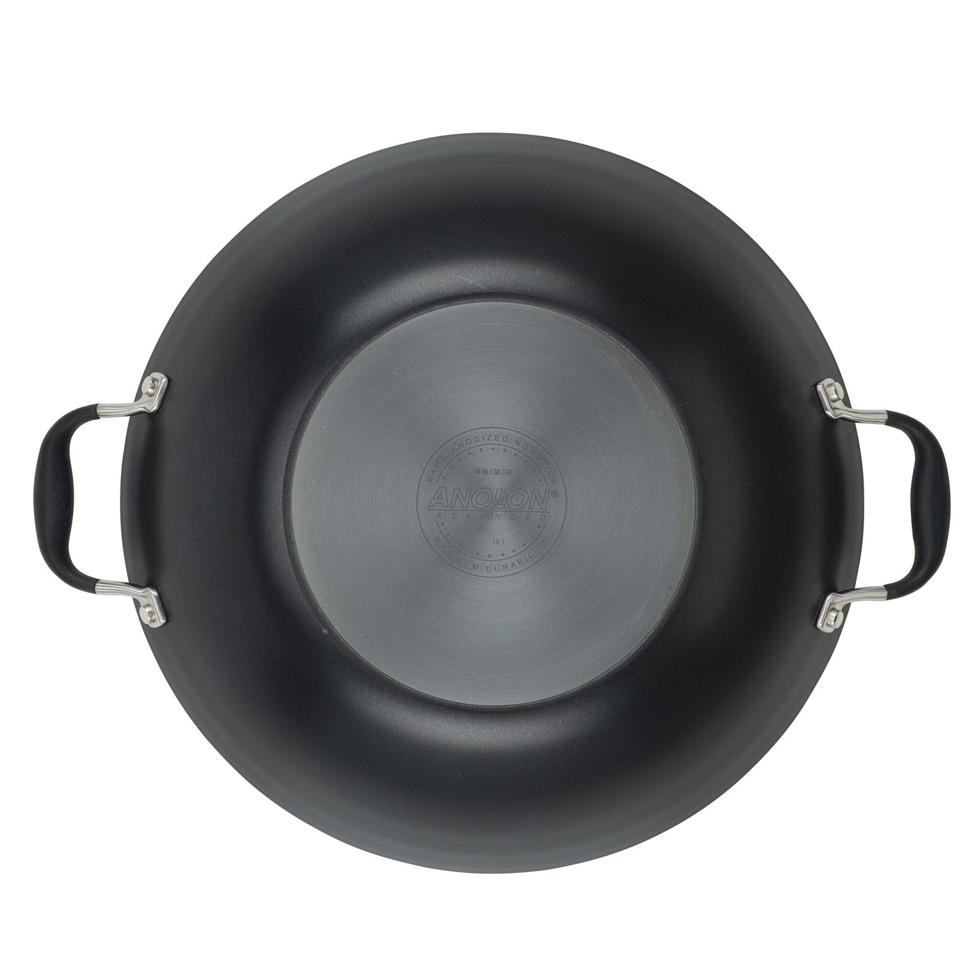 A top-down view of the Advanced Home 14-Inch Wok with Side Handles, featuring a hard-anodized flat bottom and a smooth black metal finish. This wok from Anolon showcases a circular brushed metal finish at its center, elegantly engraved with text.