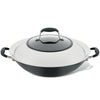 The 14-Inch Wok with Side Handles by Advanced Home is a black and silver masterpiece, featuring sturdy handles on both sides and a knob atop its lid. This hard-anodized flat-bottom wok boasts a nonstick surface, designed for easy handling and efficient cooking.