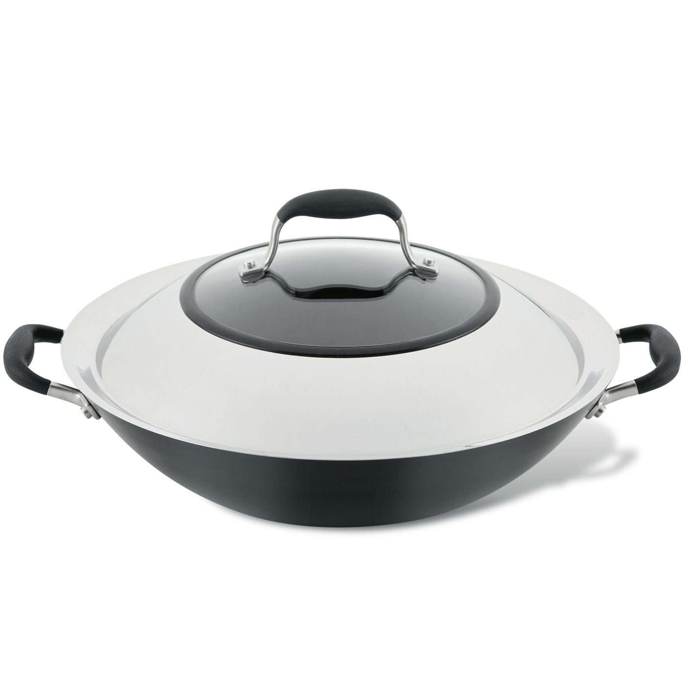 The 14-Inch Wok with Side Handles by Advanced Home is a black and silver masterpiece, featuring sturdy handles on both sides and a knob atop its lid. This hard-anodized flat-bottom wok boasts a nonstick surface, designed for easy handling and efficient cooking.