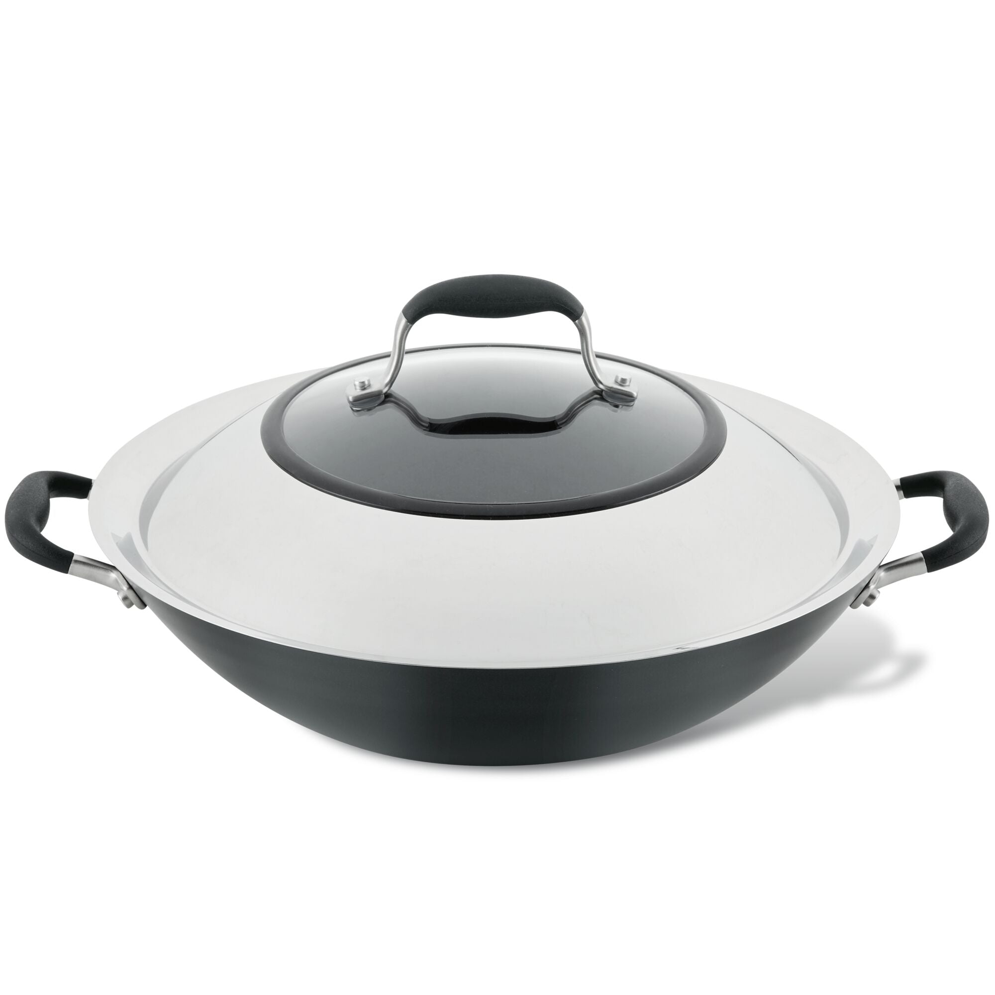 The 14-Inch Wok with Side Handles by Advanced Home is a black and silver masterpiece, featuring sturdy handles on both sides and a knob atop its lid. This hard-anodized flat-bottom wok boasts a nonstick surface, designed for easy handling and efficient cooking.