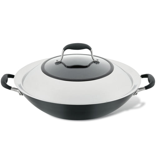 The 14-Inch Wok with Side Handles by Advanced Home is a black and silver masterpiece, featuring sturdy handles on both sides and a knob atop its lid. This hard-anodized flat-bottom wok boasts a nonstick surface, designed for easy handling and efficient cooking.