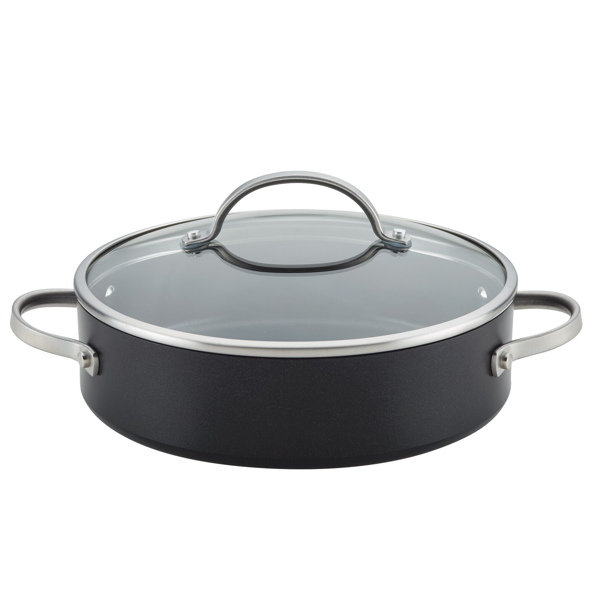 A black, round cooking pot from the Advanced Home 3-Piece Nonstick Cookware Set features a hard anodized finish and a glass lid with a metal handle. Two stainless steel handles on each side provide an easy grip. Expertly designed for even heat distribution, it is showcased against a plain white background.