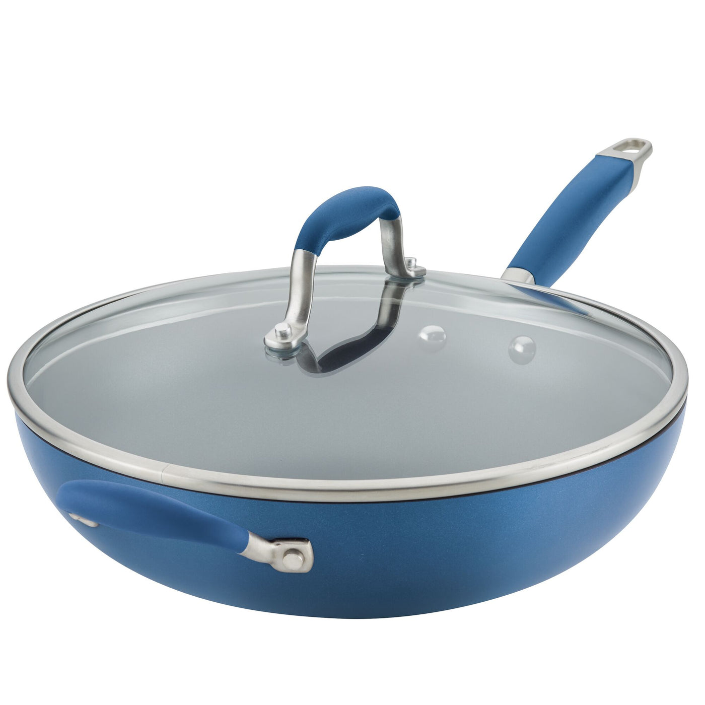 The 12-Inch Ultimate Stir Fry Pan by Advanced Home, in a stylish blue, showcases a hard-anodized finish and comes with a glass lid featuring an elegant silver rim. Its ergonomic blue handle is complemented by an extra small helper handle for convenience, making it the perfect nonstick addition to your kitchen.