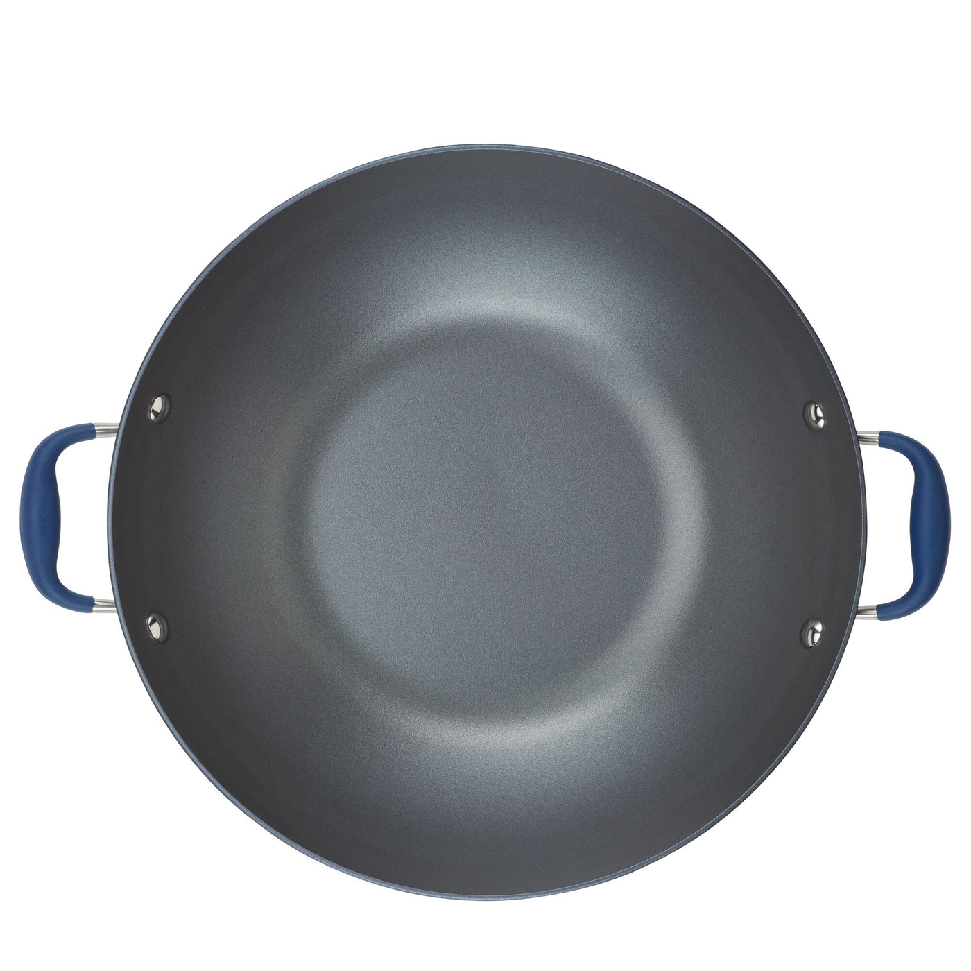 A top view of a round, grey 14-Inch Wok with Side Handles by Advanced Home shows blue handles on both sides. The non-stick surface of this hard-anodized flat bottom pan is empty against a white background.