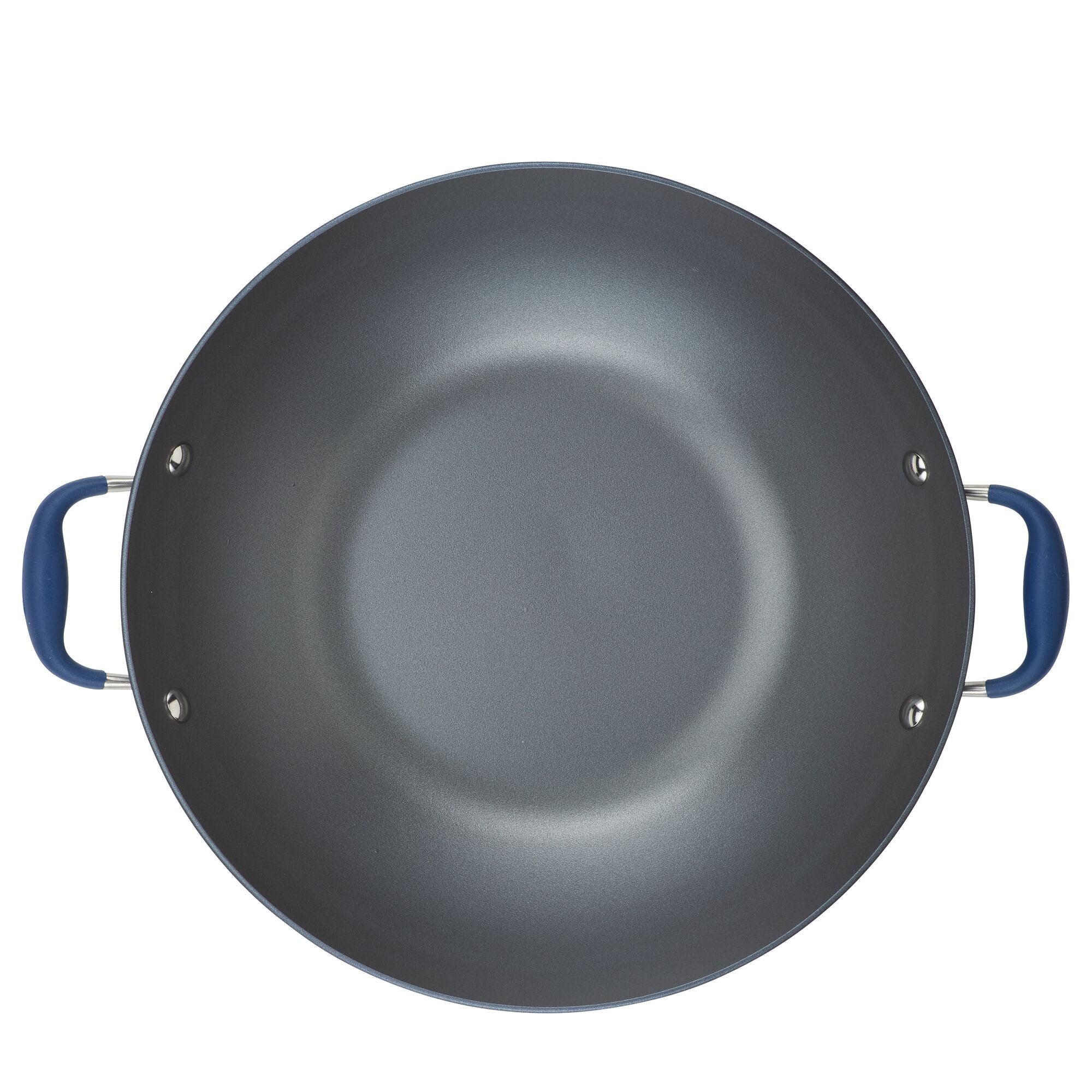 A top view of a round, grey 14-Inch Wok with Side Handles by Advanced Home shows blue handles on both sides. The non-stick surface of this hard-anodized flat bottom pan is empty against a white background.