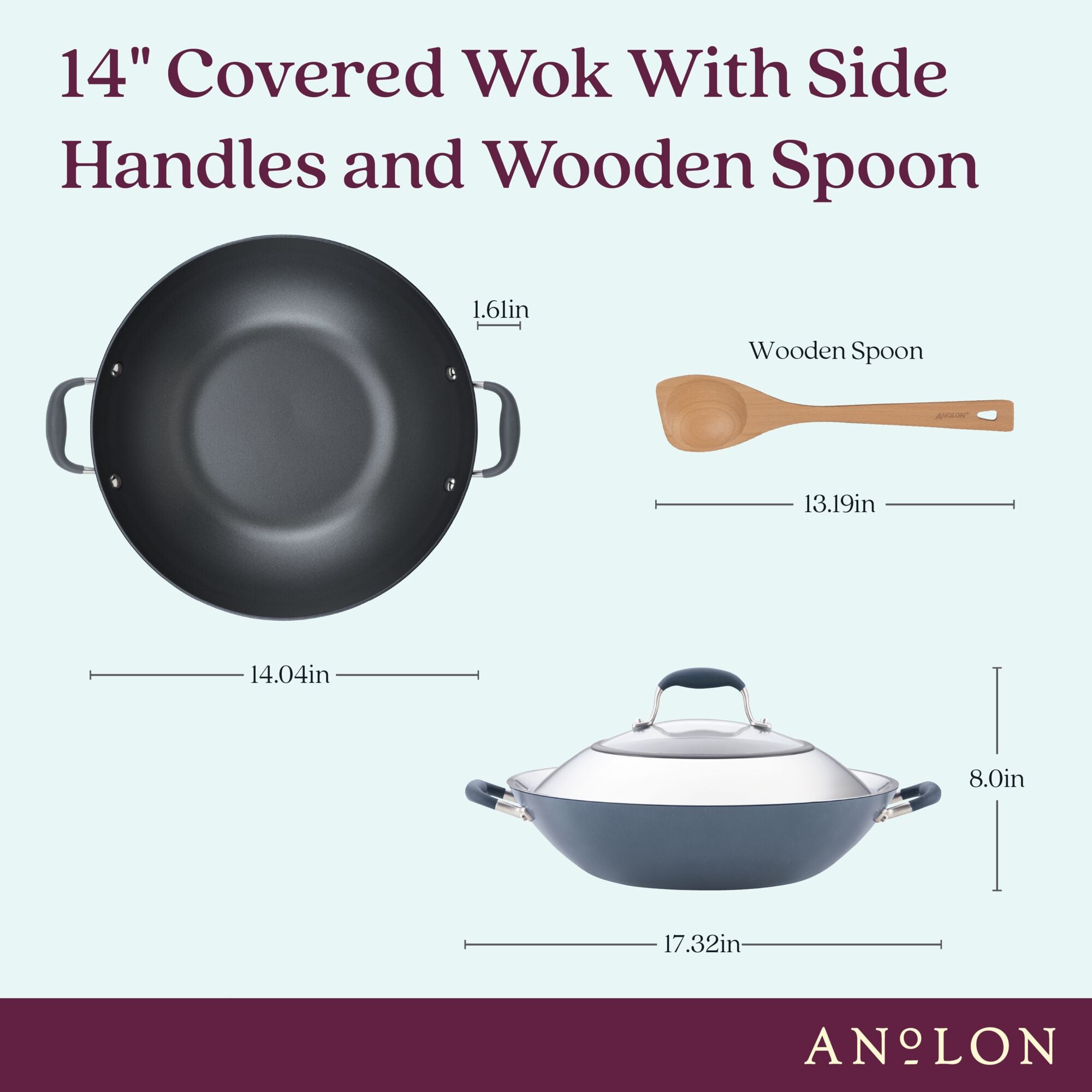 An image showcasing the 14-Inch Wok with Side Handles by Advanced Home, a hard-anodized flat bottom nonstick wok that comes with side handles and a 13.19-inch wooden spoon. The wok has a diameter of 14.04 inches and stands 8 inches high with the cover for culinary ease.