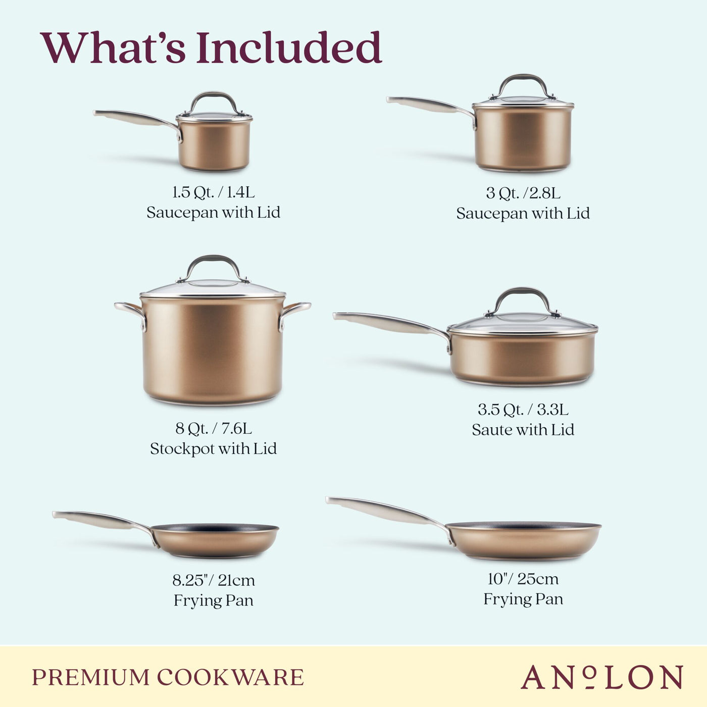Image showcasing a premium set of hard-anodized aluminum cookware in elegant copper from Ascend. Set includes a 1.5 Qt saucepan, 3 Qt saucepan, 8 Qt stockpot, 3.5 Qt sauté pan, and both an 8.25 and a 10 frying pan—all induction compatible nonstick cookware. Text reads ASCEND PREMIUM COOKWARE.