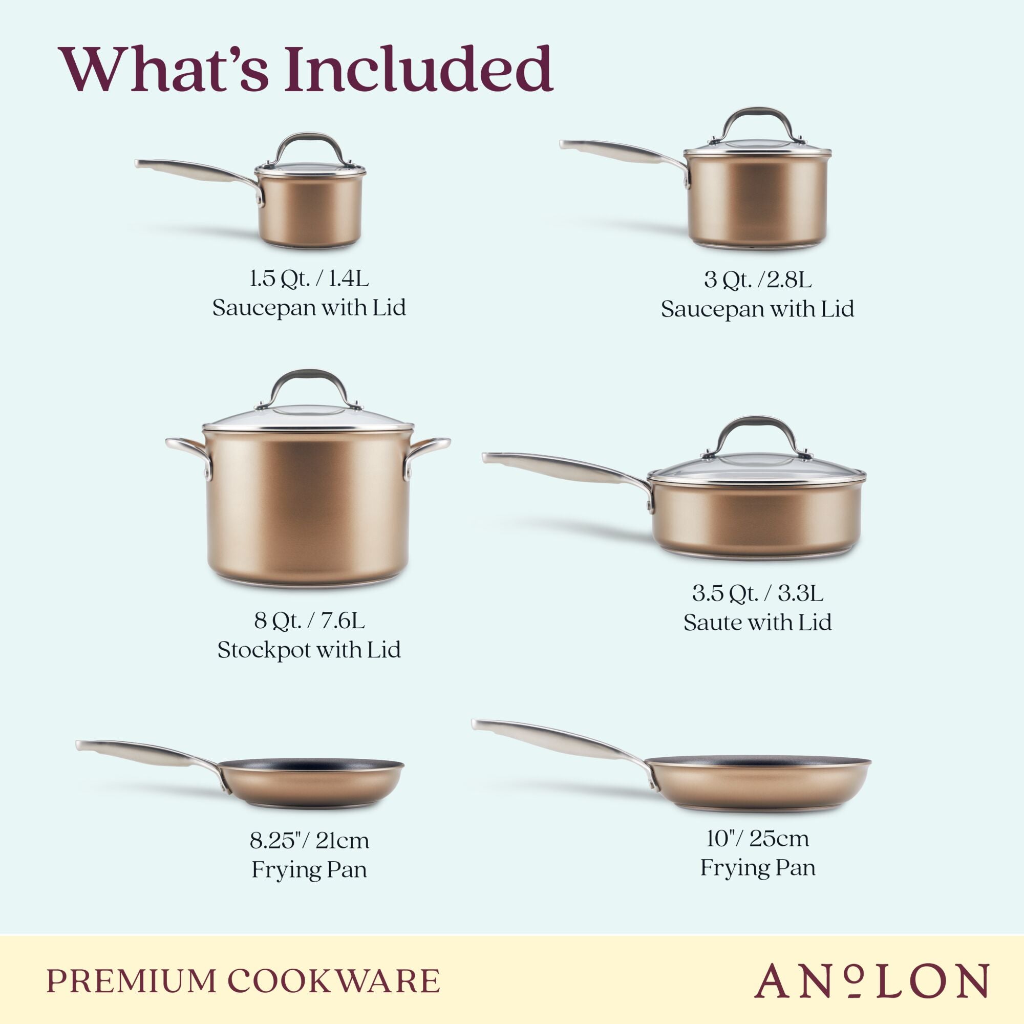 Image showcasing a premium set of hard-anodized aluminum cookware in elegant copper from Ascend. Set includes a 1.5 Qt saucepan, 3 Qt saucepan, 8 Qt stockpot, 3.5 Qt sauté pan, and both an 8.25 and a 10 frying pan—all induction compatible nonstick cookware. Text reads ASCEND PREMIUM COOKWARE.