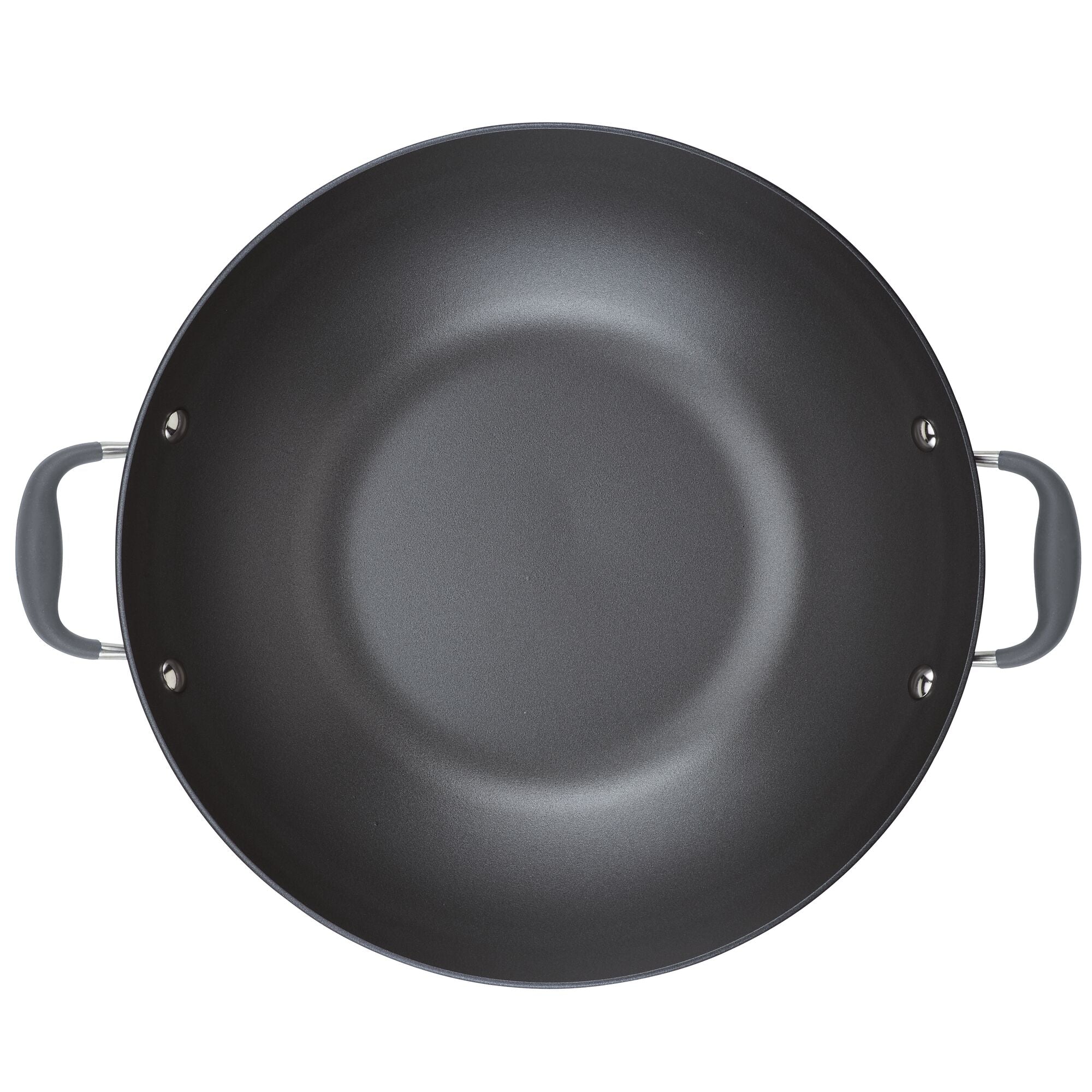 A top-down view of the 14-Inch Wok with Side Handles from Advanced Home, showcasing its large round design. The wok features a dark gray hard-anodized flat bottom with a smooth interior surface, and metal rivets securing the two side handles.