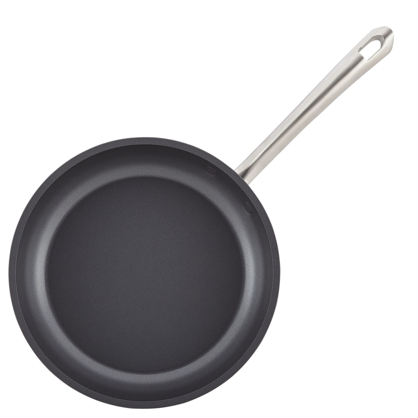 The 12-Piece Cookware Set by Accolade includes a nonstick frying pan with a black, triple-layer nonstick cooking surface and a long, silver handle that's designed with a convenient hole for hanging. This hard-anodized cookware is built for durability and is suitable for induction cooking, making it an adaptable choice for any kitchen.