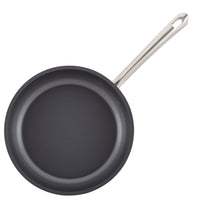 The 12-Piece Cookware Set by Accolade includes a nonstick frying pan with a black, triple-layer nonstick cooking surface and a long, silver handle that's designed with a convenient hole for hanging. This hard-anodized cookware is built for durability and is suitable for induction cooking, making it an adaptable choice for any kitchen.