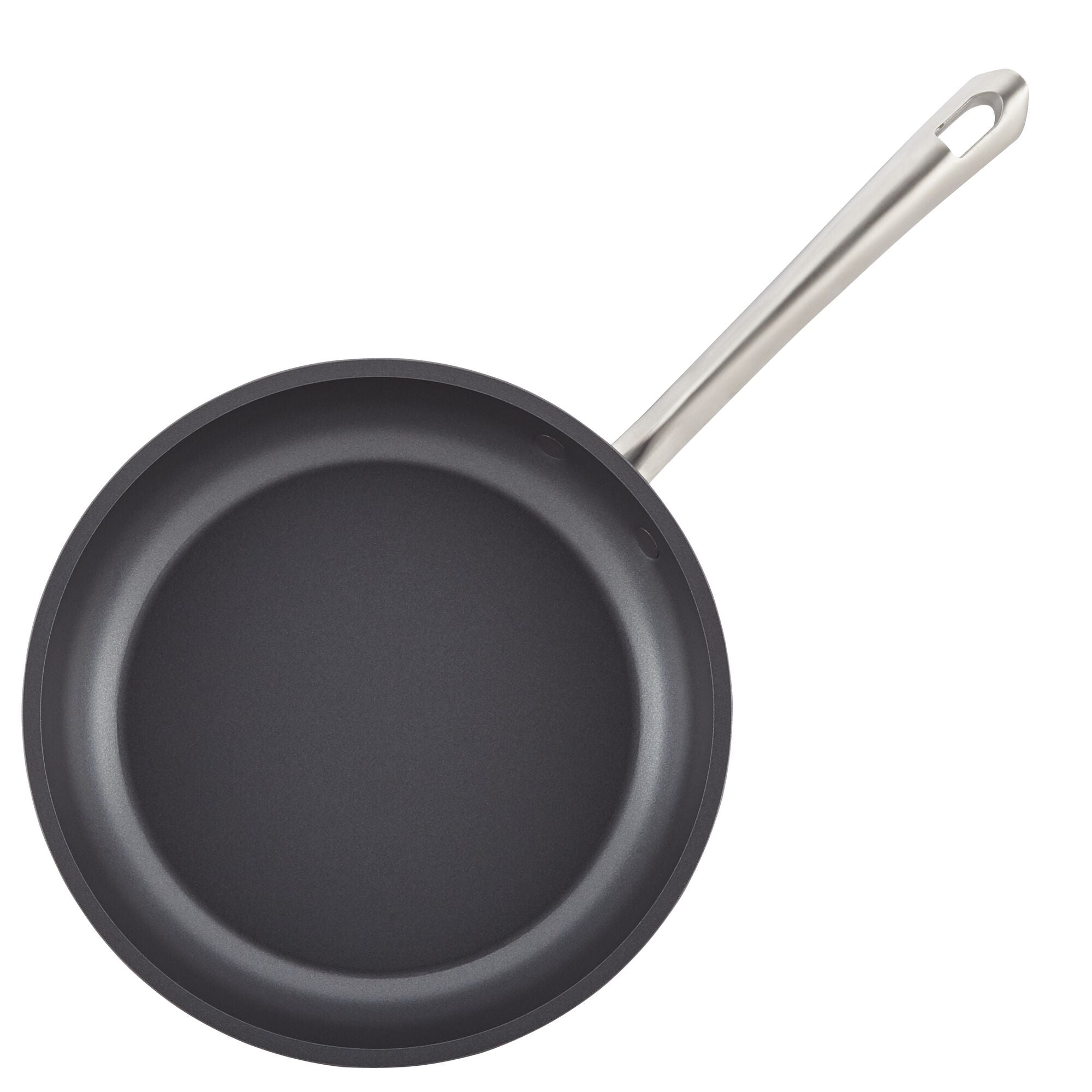 The 12-Piece Cookware Set by Accolade includes a nonstick frying pan with a black, triple-layer nonstick cooking surface and a long, silver handle that's designed with a convenient hole for hanging. This hard-anodized cookware is built for durability and is suitable for induction cooking, making it an adaptable choice for any kitchen.