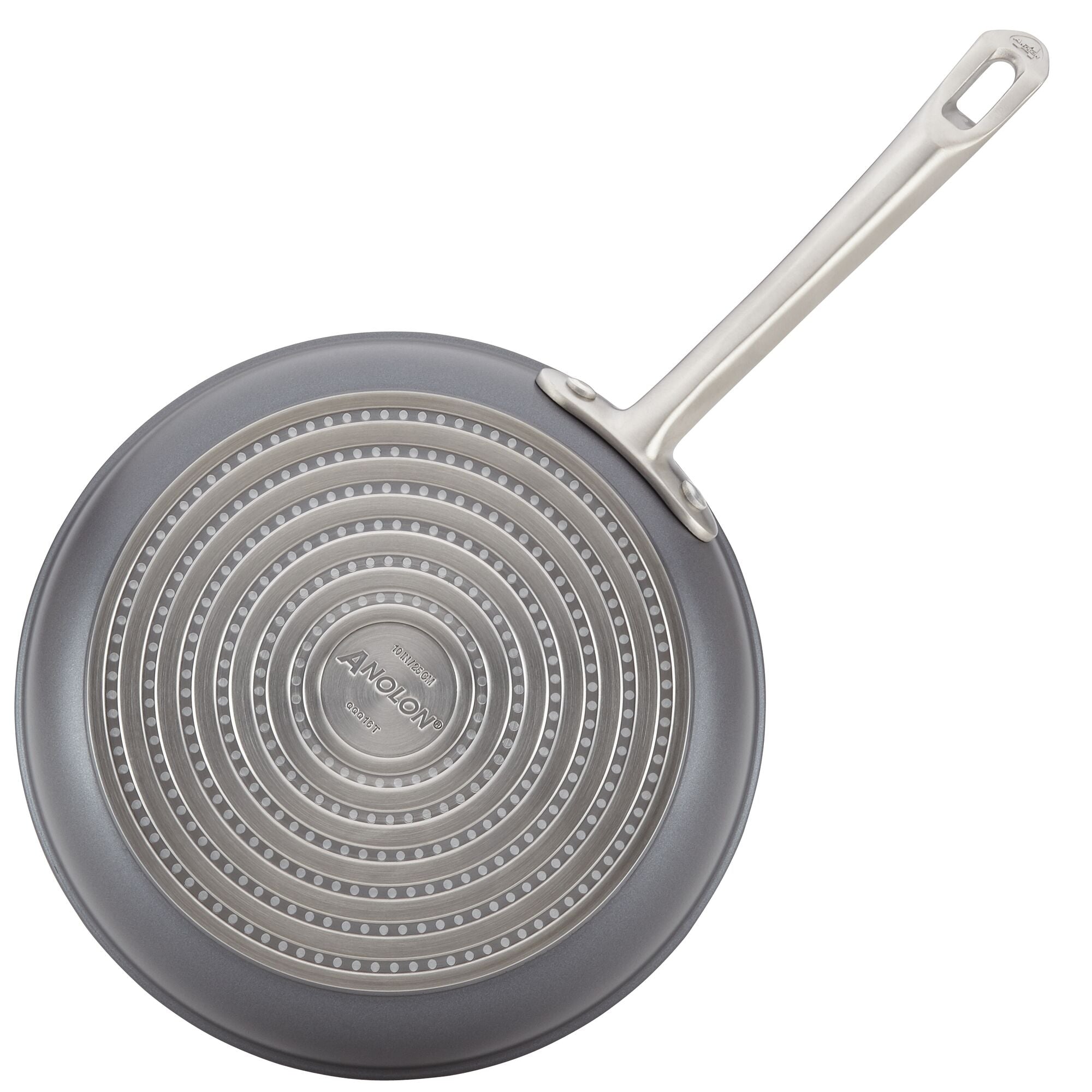 The Accolade 12-Piece Cookware Set includes a non-stick frying pan, viewed from above with its circular patterned base visible. This piece of hard-anodized cookware has a silver handle extending to the right and is designed to be suitable for induction cooking.