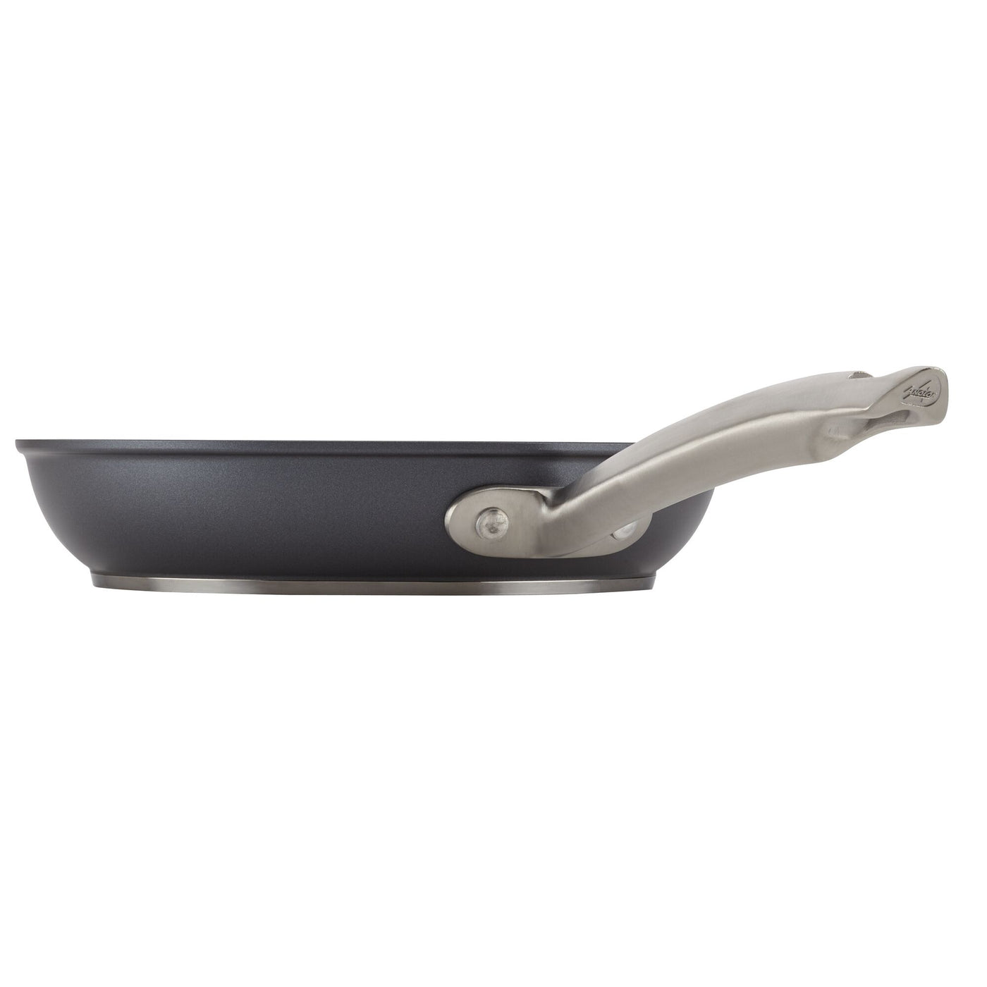 A side view of a frying pan from the Accolade 12-Piece Cookware Set showcases its hard-anodized design with a sleek metallic handle. The black pan boasts a triple-layer nonstick surface and robust construction, making it ideal for cooking an array of dishes. It is also induction suitable, allowing for versatile use in any kitchen.