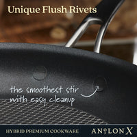 A close-up of a PFOA-free nonstick black frying pan highlights its flush rivets and SearTech™ surface for smooth stirring and easy cleanup. The blurred background emphasizes the interior, with text reading 10-Piece Hybrid Nonstick Cookware Set by Anolon X.