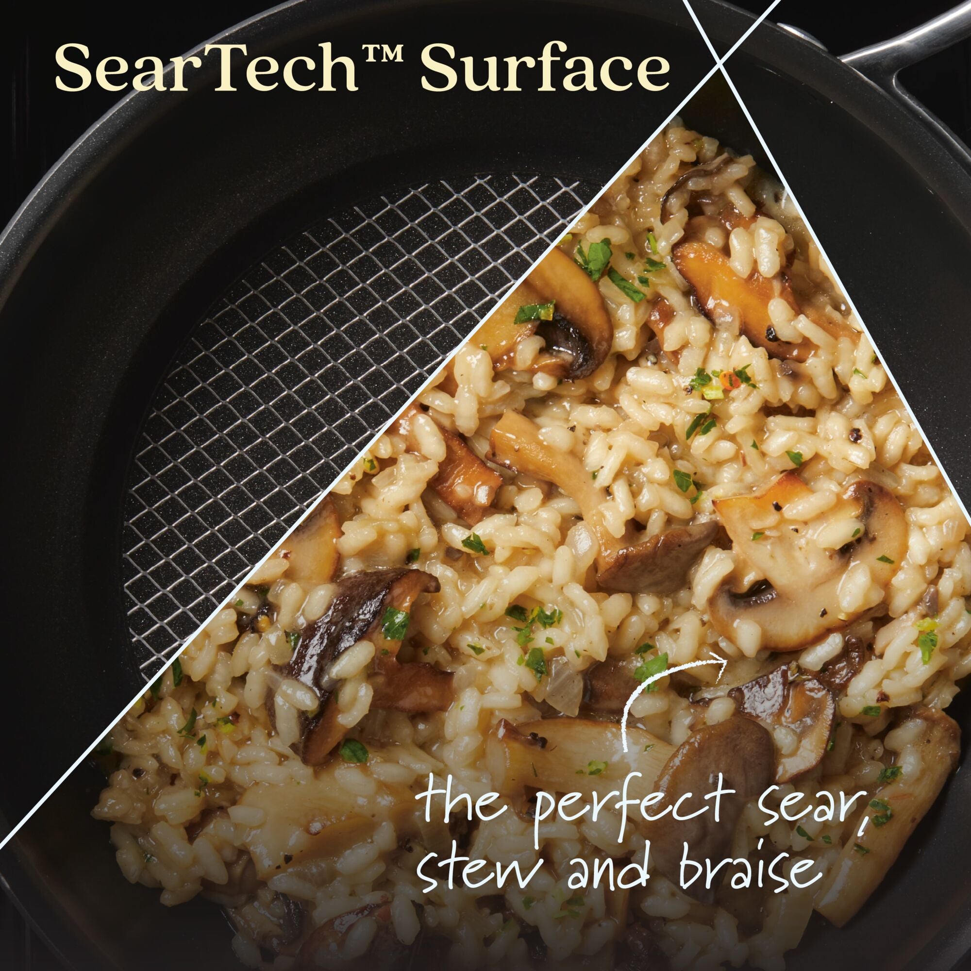 The Anolon X 2.5-Quart Hybrid Nonstick Saucier Pan features SearTech™ technology with a grid pattern for perfect searing, stewing, and braising. Its metal utensil safe and ideal for cooking risotto with mushrooms or other dishes.