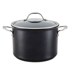 The AnolonX black cooking pot from the 10-Piece Hybrid Nonstick Cookware Induction Set features a shiny texture and stainless steel handles, complete with a glass lid. This medium-sized nonstick hybrid cookware is dishwasher safe, offering both practicality and style against its white background.