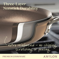 A close-up of an Ascend Hard Anodized Nonstick Frying Pan on a stove highlights its triple-layer reinforced coating, guaranteeing no chipping, scratching, or peeling. The image text emphasizes that it is dishwasher safe for easy cleaning, with the brand name Ascend displayed at the bottom.