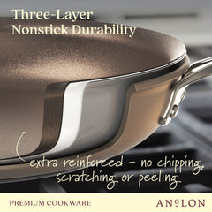 A close-up of an Ascend Hard Anodized Nonstick Frying Pan on a stove highlights its triple-layer reinforced coating, guaranteeing no chipping, scratching, or peeling. The image text emphasizes that it is dishwasher safe for easy cleaning, with the brand name Ascend displayed at the bottom.