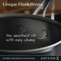 A close-up of the 2.5-Quart Hybrid Nonstick Saucier Pans black interior with flush rivets showcases its nonstick finish. Text reads Unique Flush Rivets and the smoothest stir with easy cleanup. The brand, Anolon X, is shown below. Perfect for metal utensil cooking with SearTech™ technology.