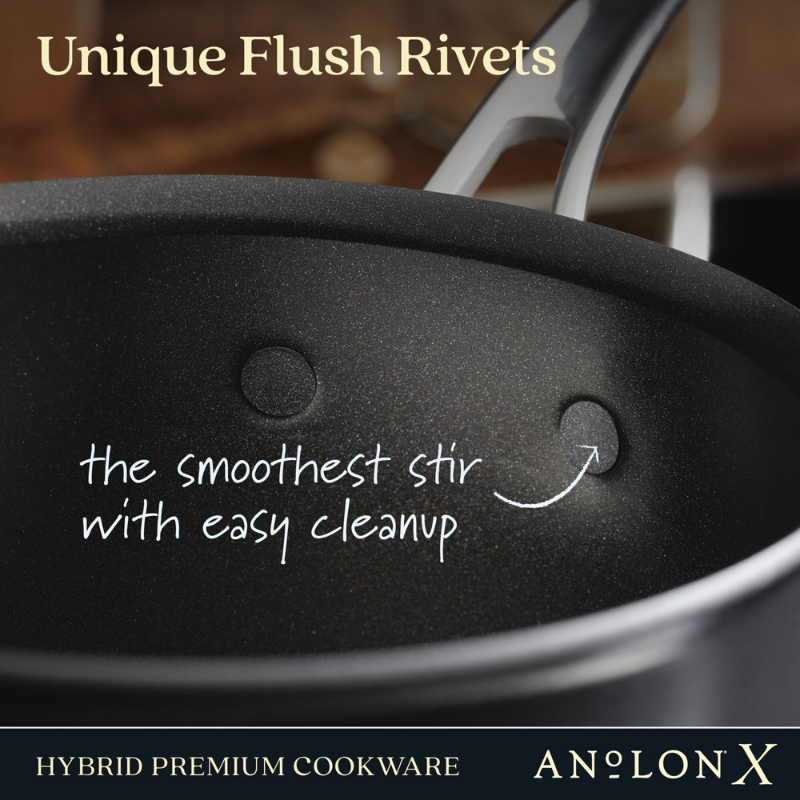 A close-up of the 2.5-Quart Hybrid Nonstick Saucier Pans black interior with flush rivets showcases its nonstick finish. Text reads Unique Flush Rivets and the smoothest stir with easy cleanup. The brand, Anolon X, is shown below. Perfect for metal utensil cooking with SearTech™ technology.