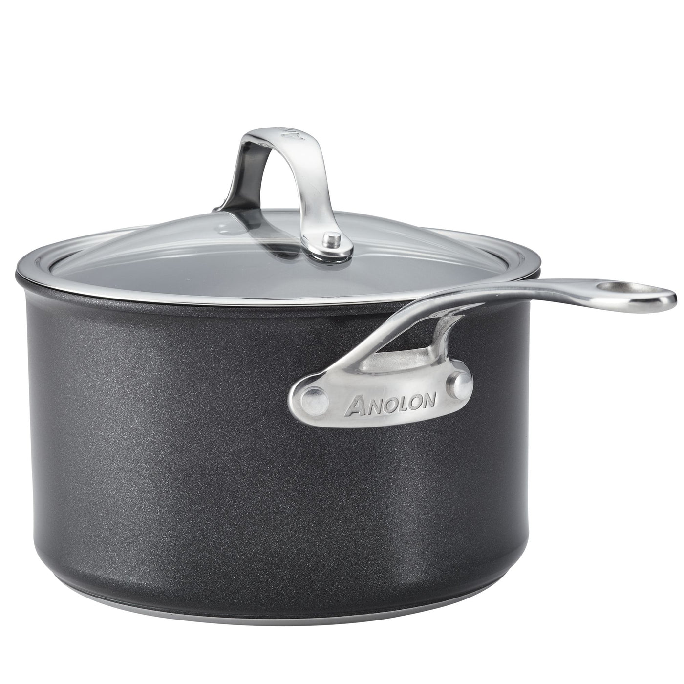 The Anolon X gray saucepan, part of the 10-Piece Hybrid Nonstick Cookware Set, features a PFOA-free nonstick SearTech™ surface and a glass lid with a sturdy metal handle. Its medium size is perfect for searing and boiling.