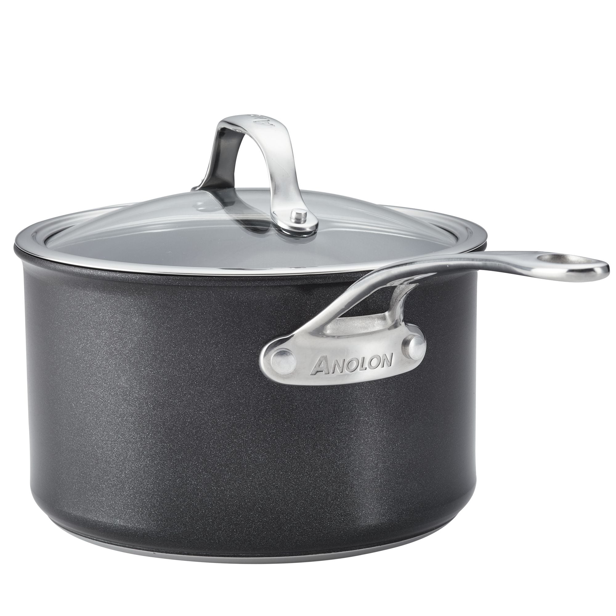 The Anolon X gray saucepan, part of the 10-Piece Hybrid Nonstick Cookware Set, features a PFOA-free nonstick SearTech™ surface and a glass lid with a sturdy metal handle. Its medium size is perfect for searing and boiling.