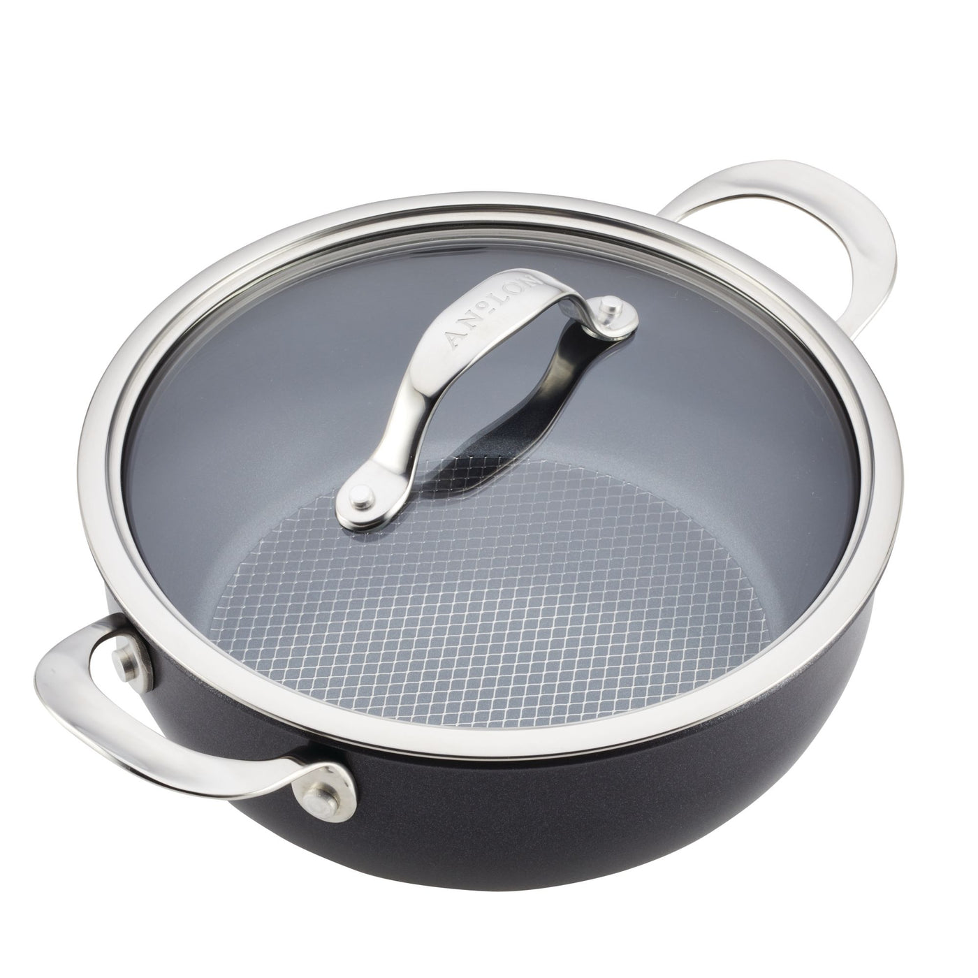 The Anolon X 4-Quart Hybrid Nonstick Casserole Pan features a black body with a grid-patterned nonstick interior, two metal handles, and a transparent glass lid with the brand name on its metal handle. Its ultra-durable design makes it an excellent choice for all braising needs.