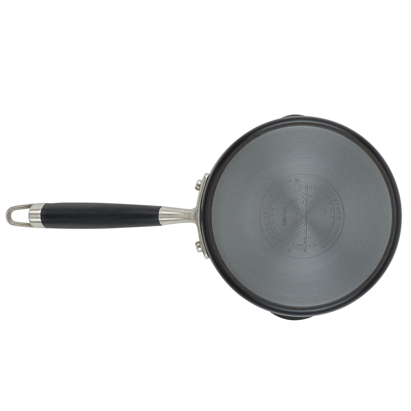 A glimpse of the Advanced Home 2-Quart Straining Saucepan reveals its robust hard-anodized construction with a black handle. The gray interior harmonizes with the brand markings on the base. This nonstick saucepan includes a silver metal loop at the end of the handle for easy hanging.