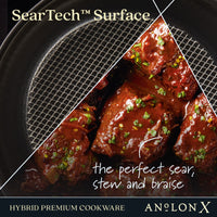 Close-up of Anolon Xs 4-Quart Hybrid Nonstick Casserole Pan With Lid showcasing SearTech™ Surface. Tender meat in rich sauce, garnished with herbs, highlights its searing and braising abilities. Text: SearTech™ Surface and Anolon X.
