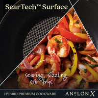 Close-up of a dual image: one side features Anolon Xs 10-Inch Hybrid Nonstick Wok with Lid, showcasing its textured SearTech™ Surface, while the other displays a shrimp stir-fry with bell peppers and onions. Text overlays read “SearTech™ Surface” and “searing, sizzling stir-fries.” Stainless steel base ensures durability.
