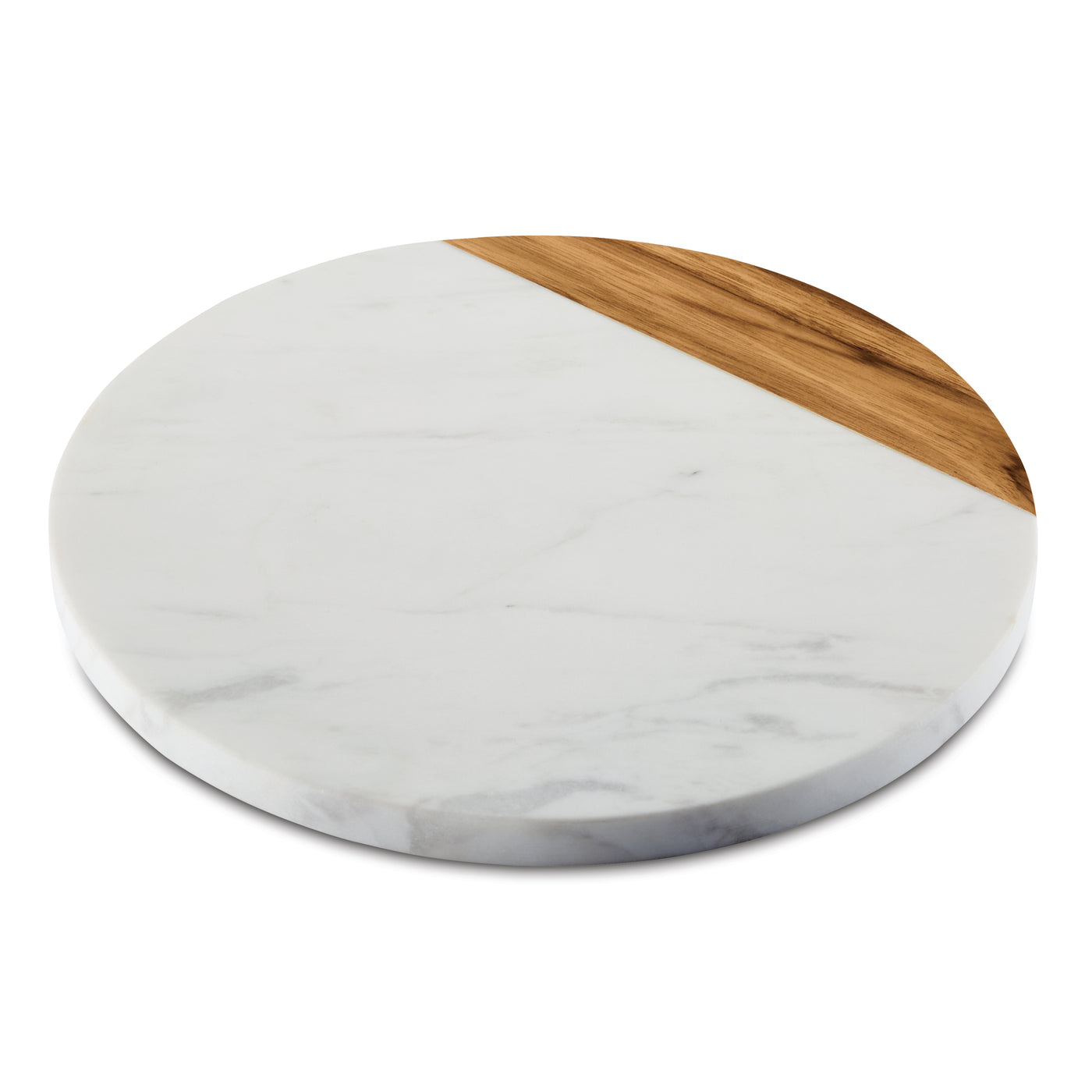 The 10-Inch Round Serving Board by Pantryware boasts a minimalist design, showcasing a smooth white marble surface that covers most of the board, beautifully contrasted by a natural wood section on one edge, set against a plain white background.