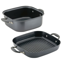 Introducing the Square Two Step Meal Set by Advanced Home: a two-piece combo cookware set that includes a black square grill pan with ridges and a matching deep square pot. Both pieces feature short handles on each side and offer exceptional nonstick performance, making them perfect for stovetop cooking and grilling.