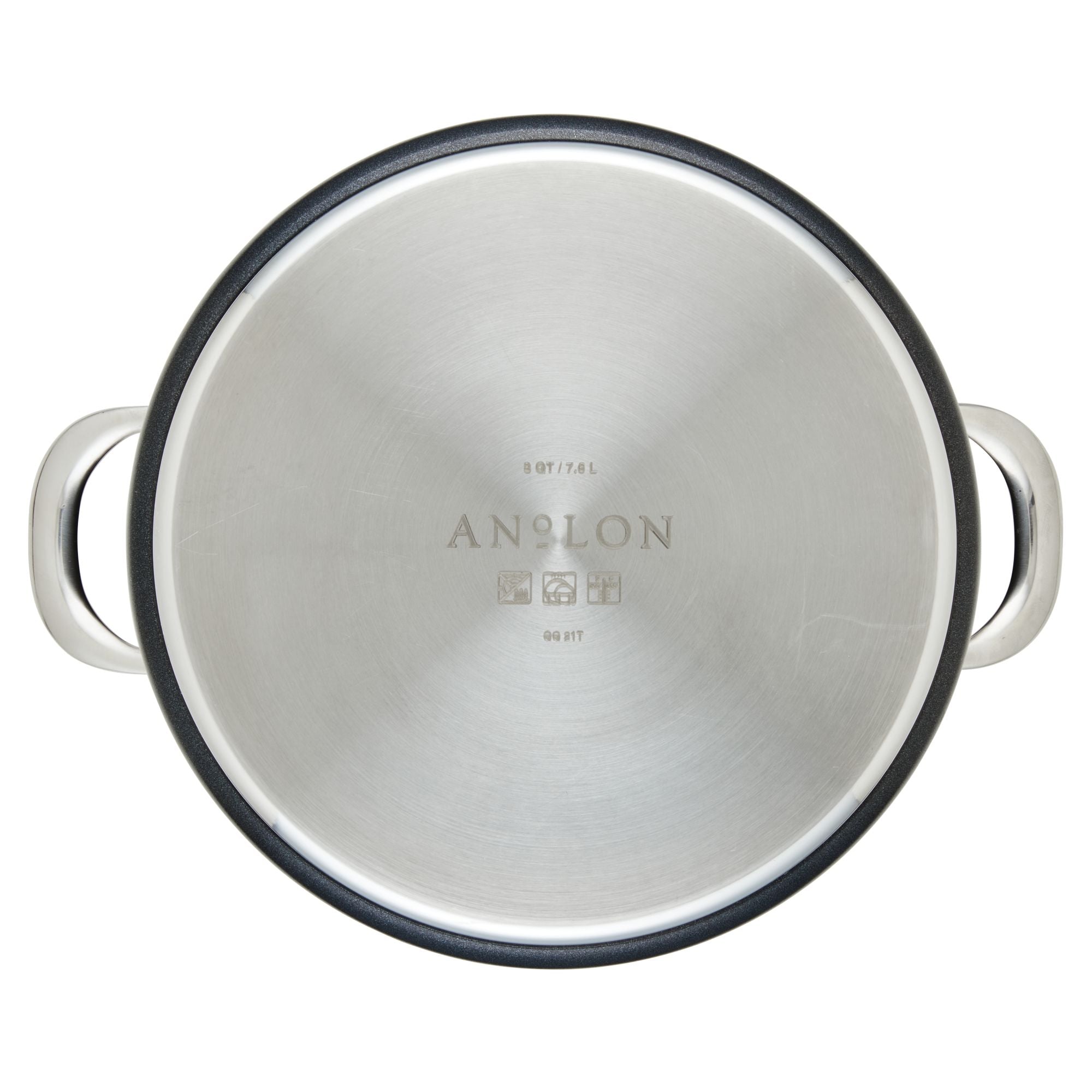 A top-down view of the Anolon X stainless steel pot lid with dual handles shows the brand name engraved on its brushed finish, indicating specifications. This circular lid pairs with the 10-Piece Hybrid Nonstick Cookware Sets PFOA-free SearTech™ cooking surface for enhanced performance.