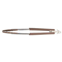 The 2-Piece SureGrip Locking Tong Set from Tools and Gadgets is shown against a plain white background, laid out flat with the tips closed, featuring heat-resistant brown silicone grips.