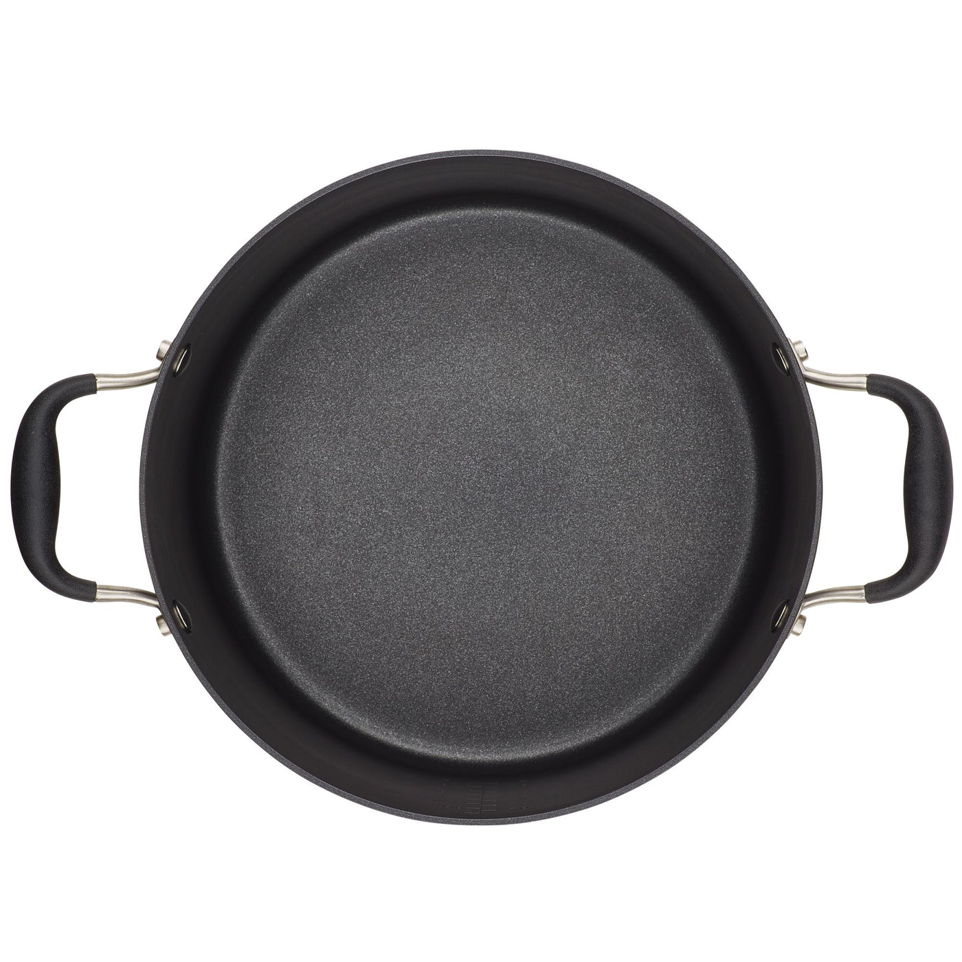 A top-down view of the Advanced Home 10-Quart Stockpot, featuring an empty, non-stick interior designed for even heat distribution. This round cookware item comes with two wide black stockpot-style handles on either side, securely attached with metal fixtures, making it ideal for cooking.