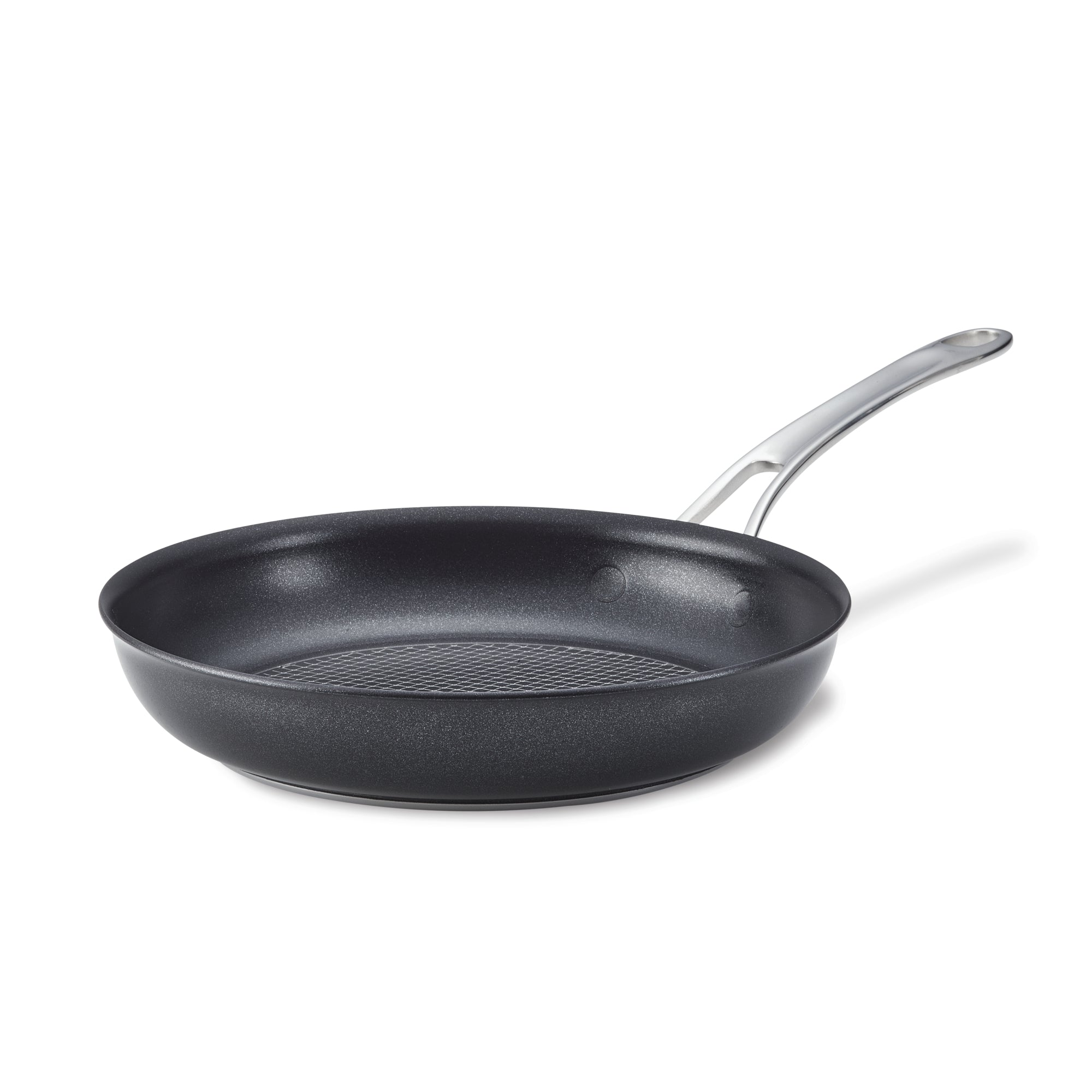 The 10-Inch Hybrid Nonstick Frying Pan by Anolon X, featuring SearTech™ technology and a subtle grid-patterned interior with a stainless steel handle, sits stylishly on a white background and is suitable for induction cooking.