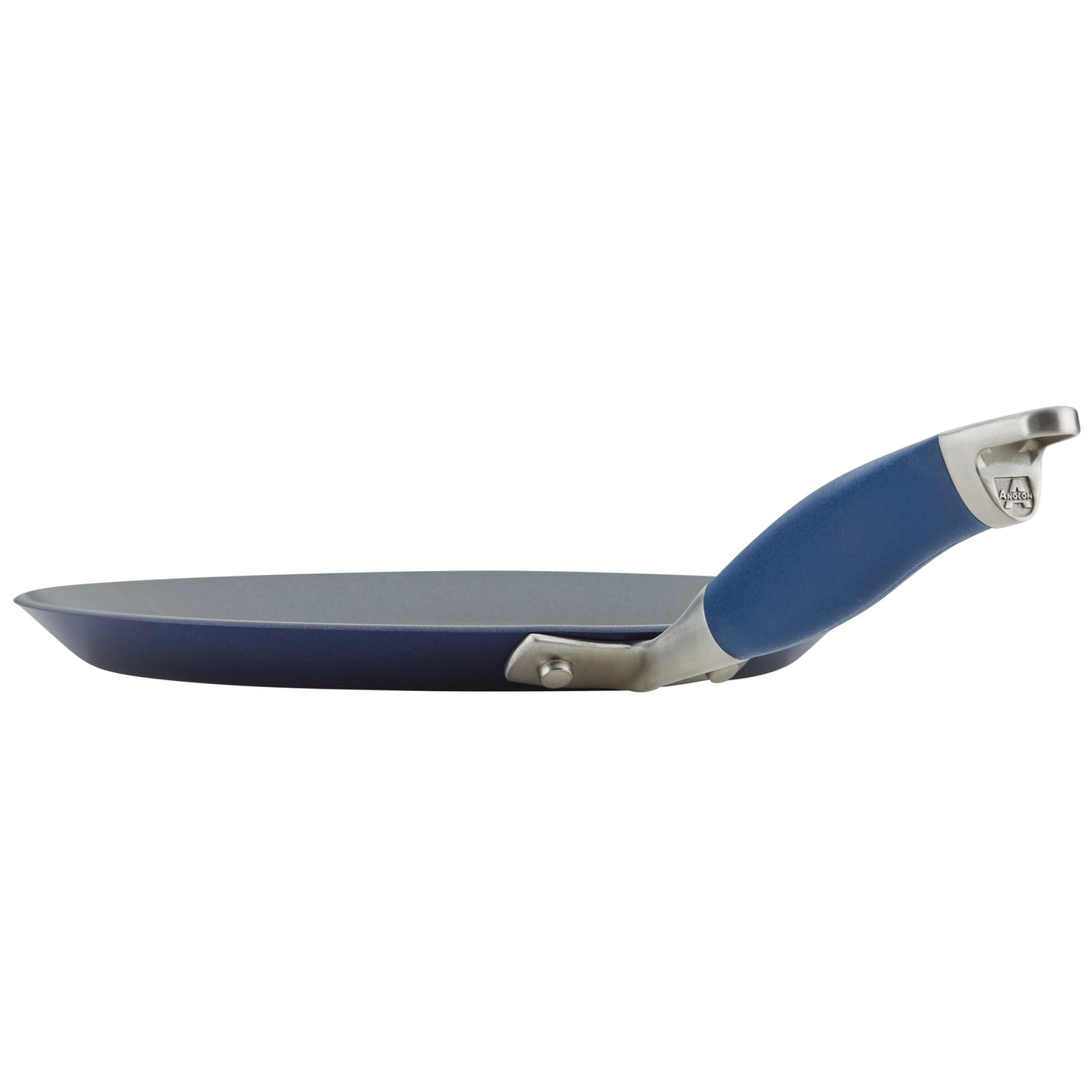 A side view of the 9.5-Inch Crepe Pan by Advanced Home showcases a sleek metal handle. Its nonstick surface allows for easy cooking, while the handle is equipped with a blue grip for comfortable use. Lightweight and versatile, this pan is ideal for various culinary adventures.
