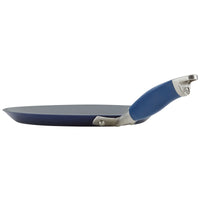 A side view of the 9.5-Inch Crepe Pan by Advanced Home showcases a sleek metal handle. Its nonstick surface allows for easy cooking, while the handle is equipped with a blue grip for comfortable use. Lightweight and versatile, this pan is ideal for various culinary adventures.