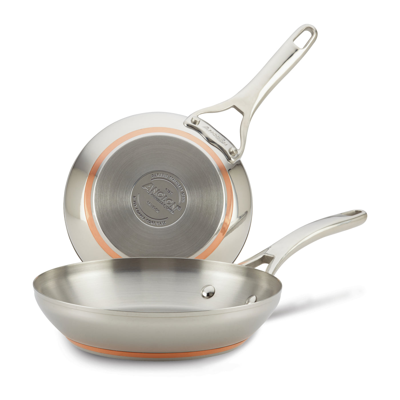 The 8 & 9.5-Inch Frying Pan Set by Nouvelle Stainless is shown—one pan displays its interior while the other reveals a copper-colored base with the brand logo, showcasing excellent heat control.