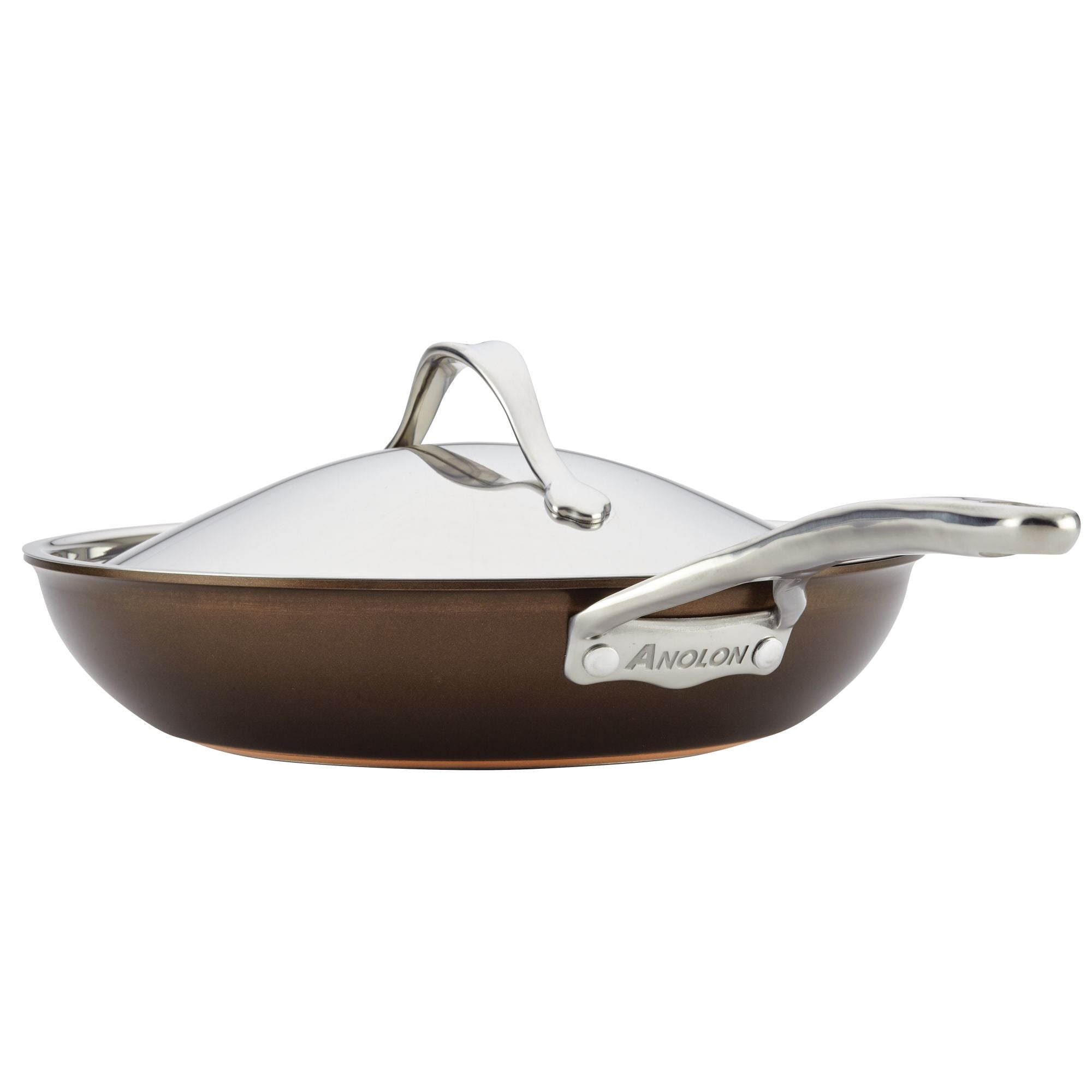 Side view of a bronze-colored frying pan from the Nouvelle Luxe 11-Piece Cookware Set, crafted with ultra-tough hard-anodized aluminum. It features a shiny stainless steel lid and handle, elegantly engraved with the name Anolon. Emphasizing exceptional copper performance, the pan is displayed against a white background.