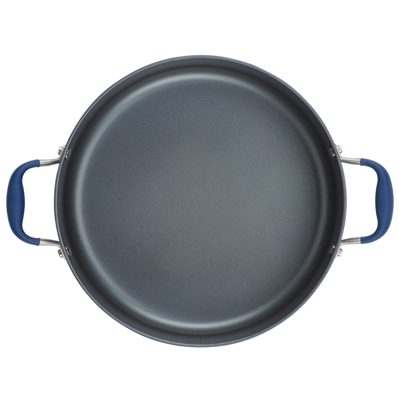 A top-down view of a 7.5-quart stockpot from Advanced Home, featuring a non-stick dark gray interior and two blue handles on either side. This circular stockpot is designed for even heat distribution, making it ideal for cooking.