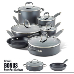 Anolon presents its 11-Piece Cookware Set with Bonus, a sophisticated dark grey collection made from hard anodized aluminum for exceptional durability. Featuring glass lids and nonstick surfaces, this set includes a variety of pots and pans, along with an extra frying pan and sauteuse, all elegantly displayed on a pristine white background.