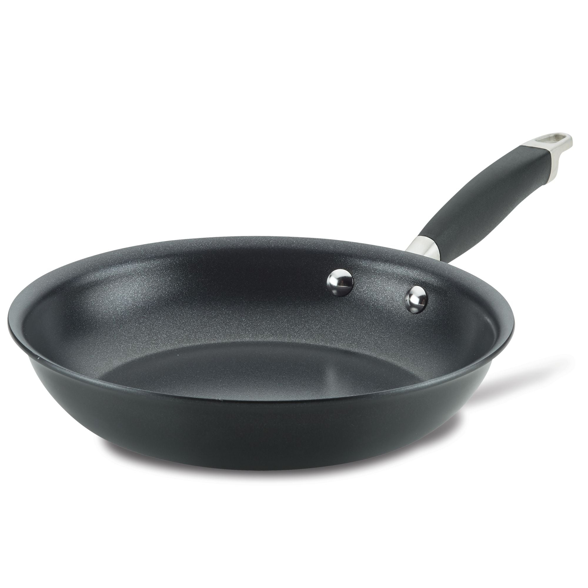 This elegant Frying Pan from Advanced Home features a smooth Infinity Slide nonstick surface and a long handle with a shiny metal end. The handle is securely attached by two rivets, ensuring stability. Its sophisticated design stands out against the crisp white background.