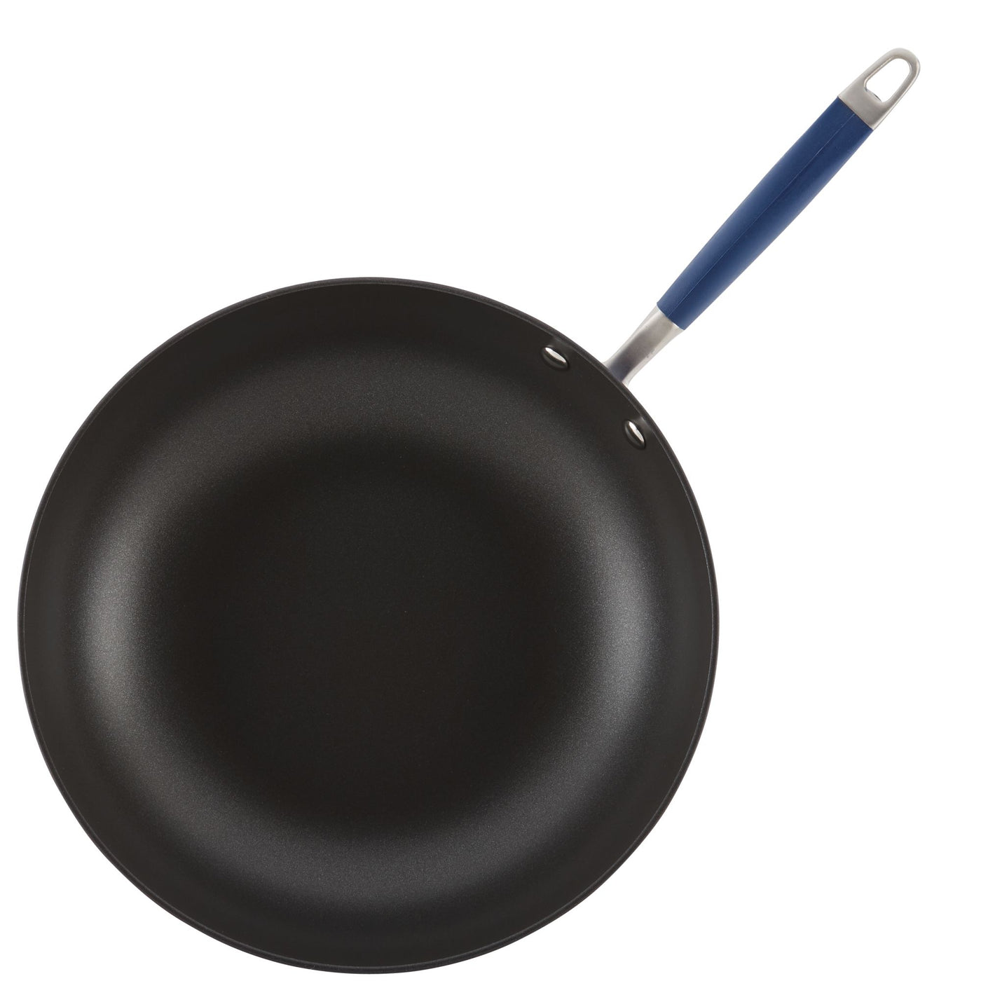 The Advanced 12-Inch Covered Ultimate Pan features a nonstick black interior and blue handle, shown from above on a white background—perfect for convenient one-pan meals.
